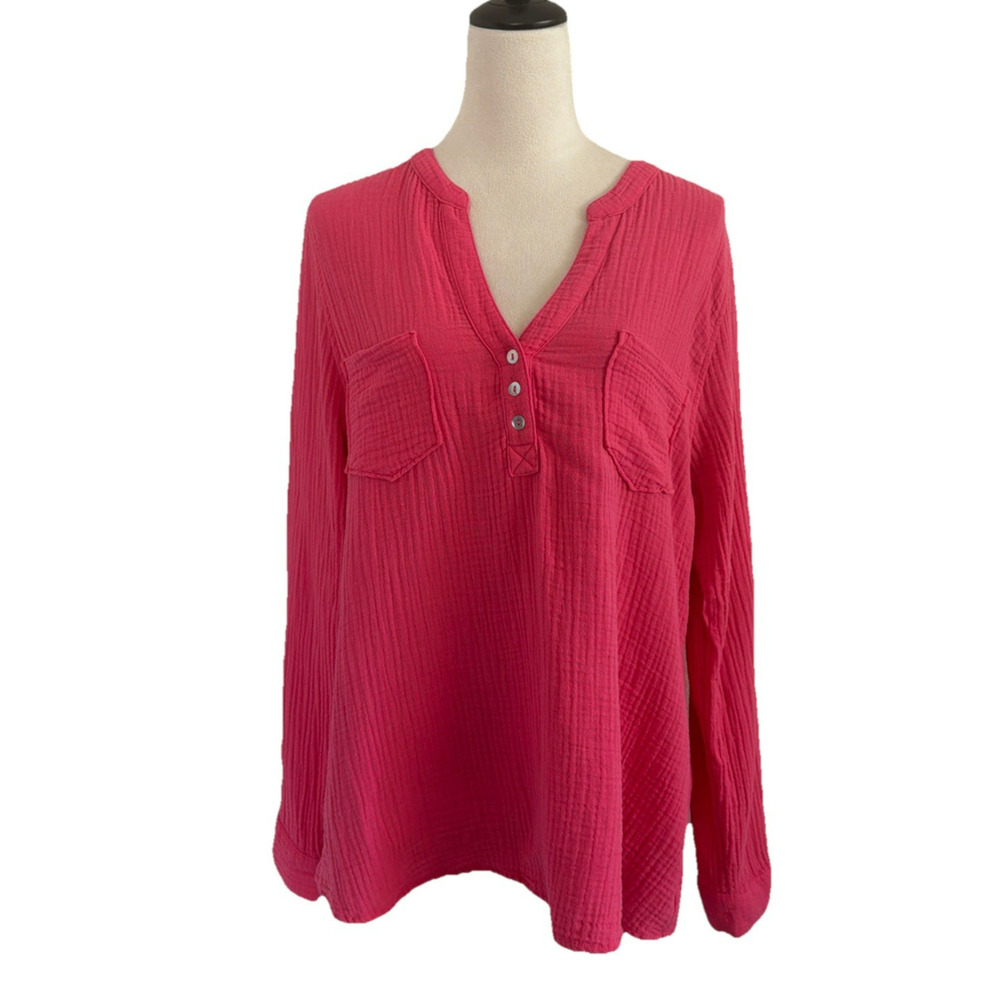 Mote Blouse Top Womens XXL Pink Cotton Gauze Popover Long Sleeve V-Neck Casual